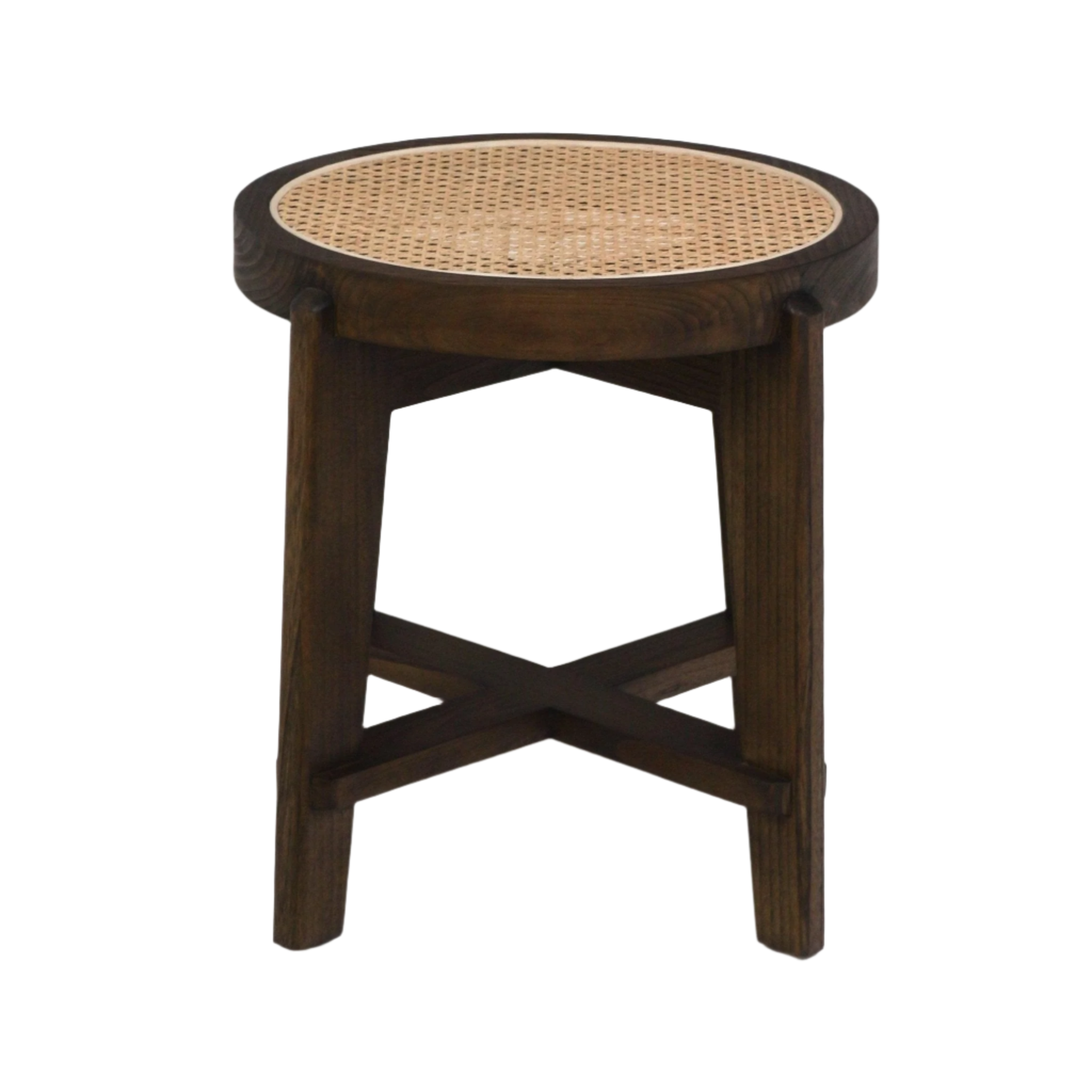 Round mid-century modern stool with a natural woven cane seat and solid natural wood frame, three legs joined by an X-shaped stretcher, shown on a white background.