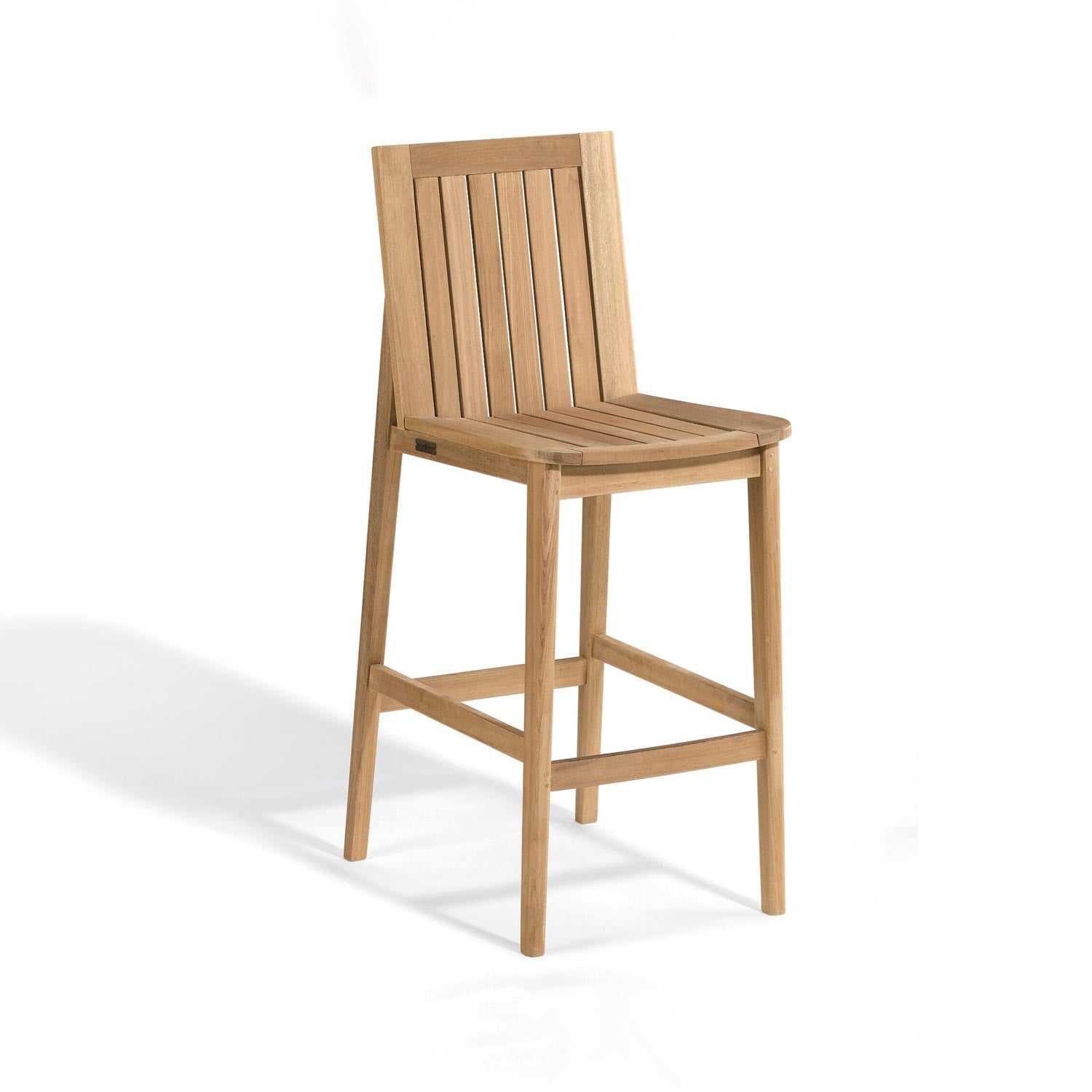 Armless teak outdoor bar stool with vertical slatted back and slatted seat, natural teak finish, straight legs and integrated footrest rails, photographed on a white background.