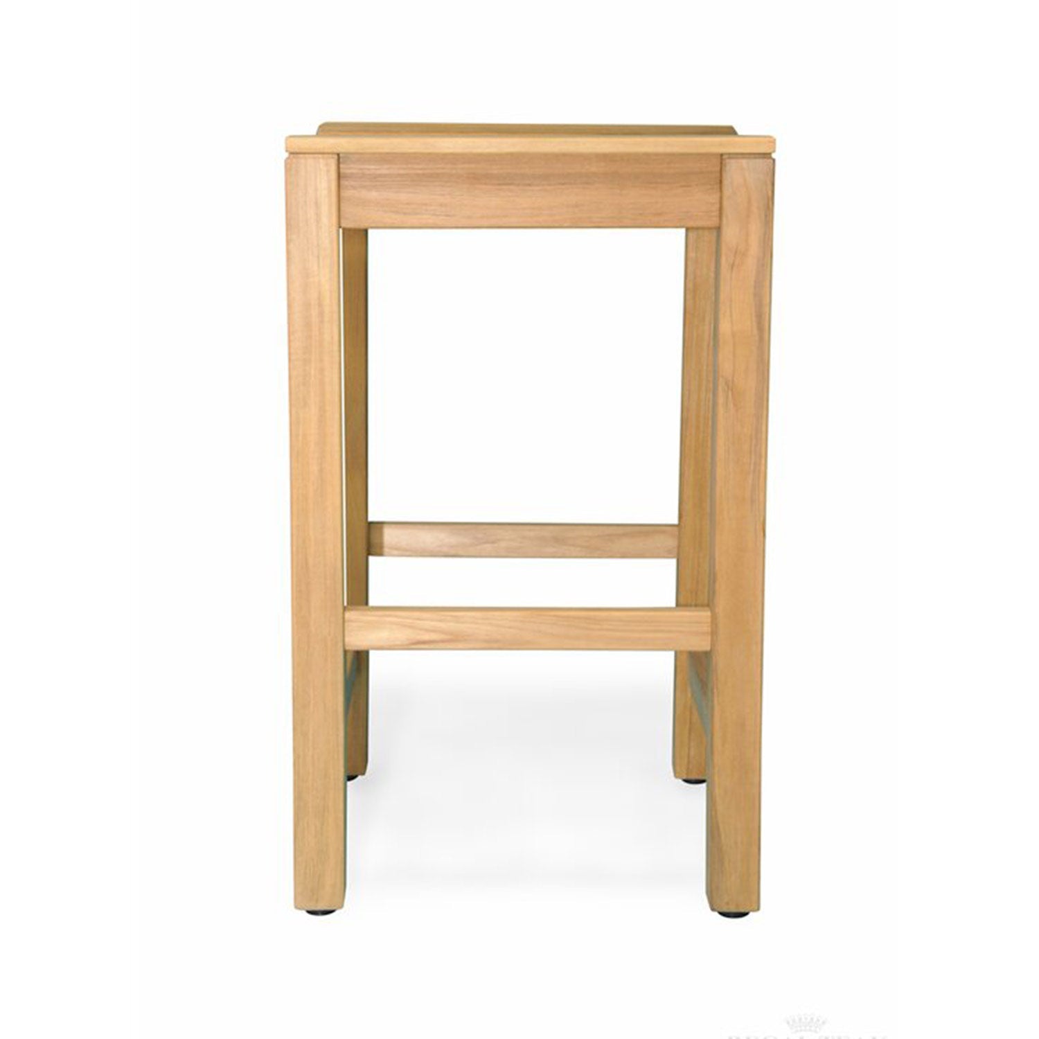 Front view of a backless outdoor bar stool in natural teak finish, featuring square legs and two horizontal footrest rails in a minimalist coastal style.