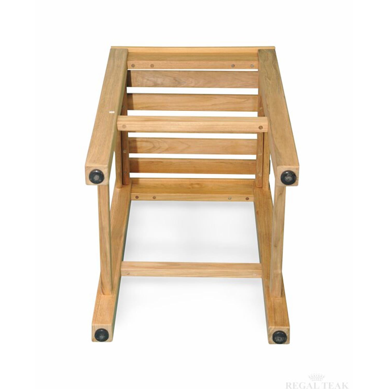 Top-front view of a backless teak outdoor bar stool showing a natural-finish slatted seat frame, integrated footrest and black protective leg caps in a minimal coastal wood design.