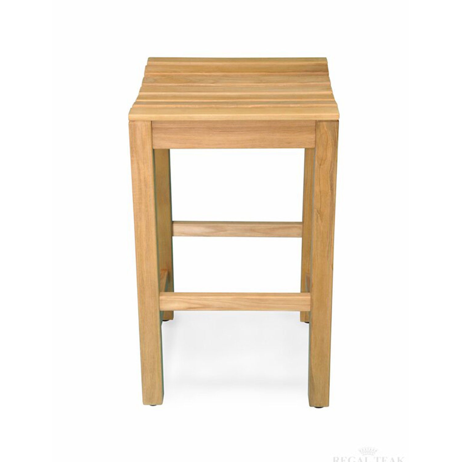 Backless outdoor bar stool in natural teak with a slatted square seat, straight square legs and two horizontal support rails serving as footrests, shown on a white background in a coastal, minimalist style.