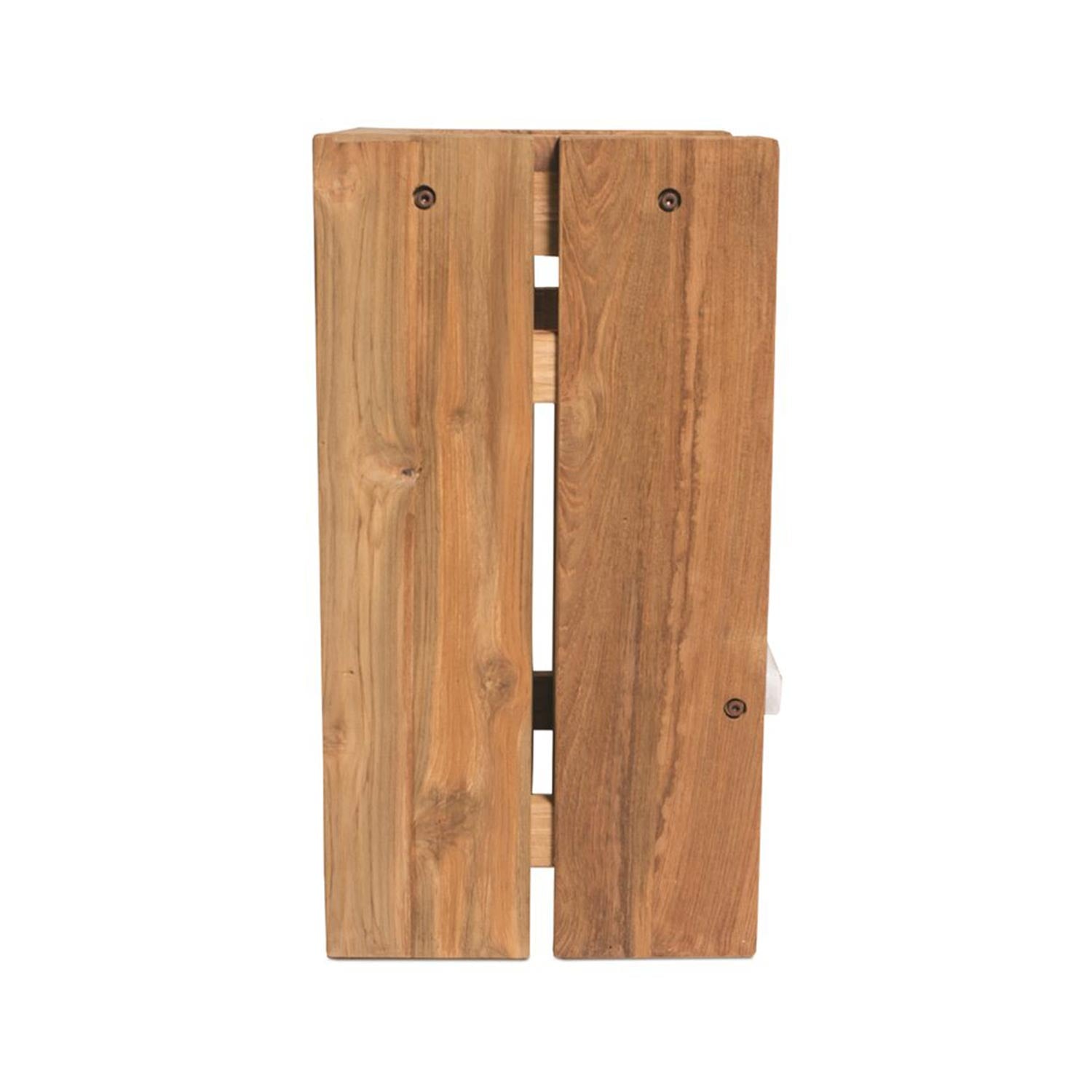 Top view of a backless outdoor bar stool seat made from natural teak planks showing wood grain, a narrow center gap revealing metal support, and visible recessed screws in a warm teak finish.