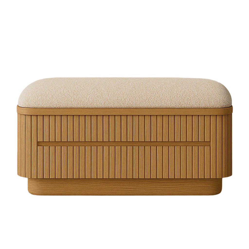 Natural oak storage bench with vertical fluted slat front, recessed pull and rounded beige upholstered cushion on a matching oak plinth base, modern minimalist end-of-bed seating.