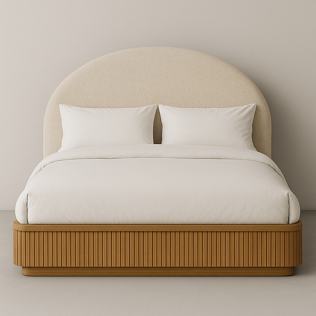 Front view of a king-size platform bed with a fluted natural oak base and rounded cream boucle upholstered headboard, styled with neutral sand-colored bedding and two pillows in a minimalist setting.