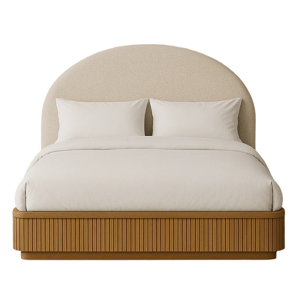 Front view of a king-size bed with a rounded cream boucle upholstered headboard and a fluted natural oak platform base, dressed in neutral white bedding with two pillows.
