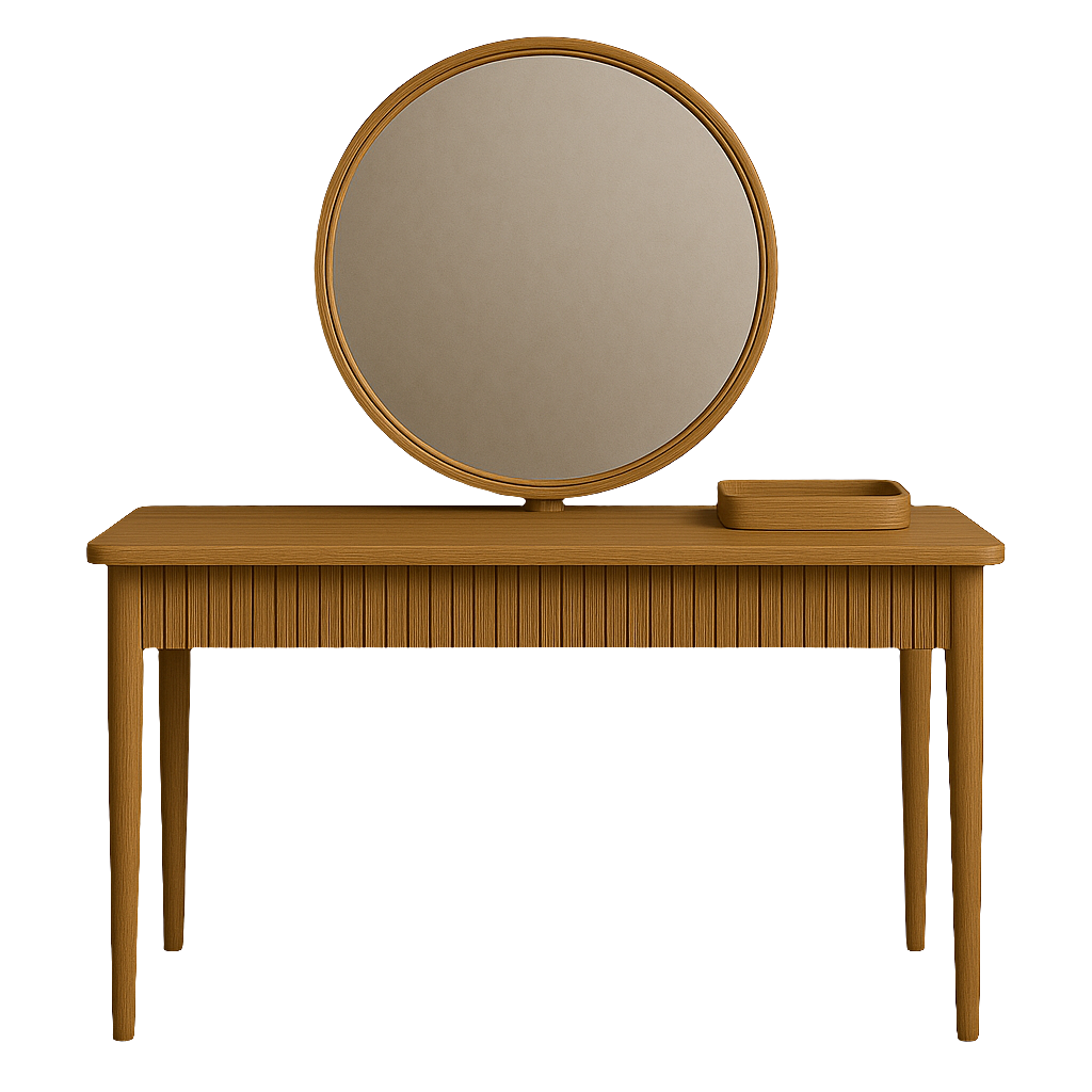 Natural oak fluted vanity with tapered legs, large round wood-framed mirror centered on top, and a small matching tray on the right. Modern minimalist bedroom vanity in a natural oak finish.
