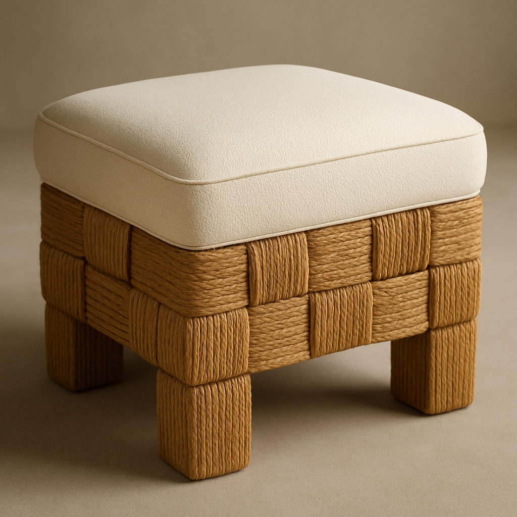 Square footstool with a cream boucle cushion sitting on a handwoven natural rattan base in warm brown, featuring a checkerboard woven pattern and short wrapped legs.