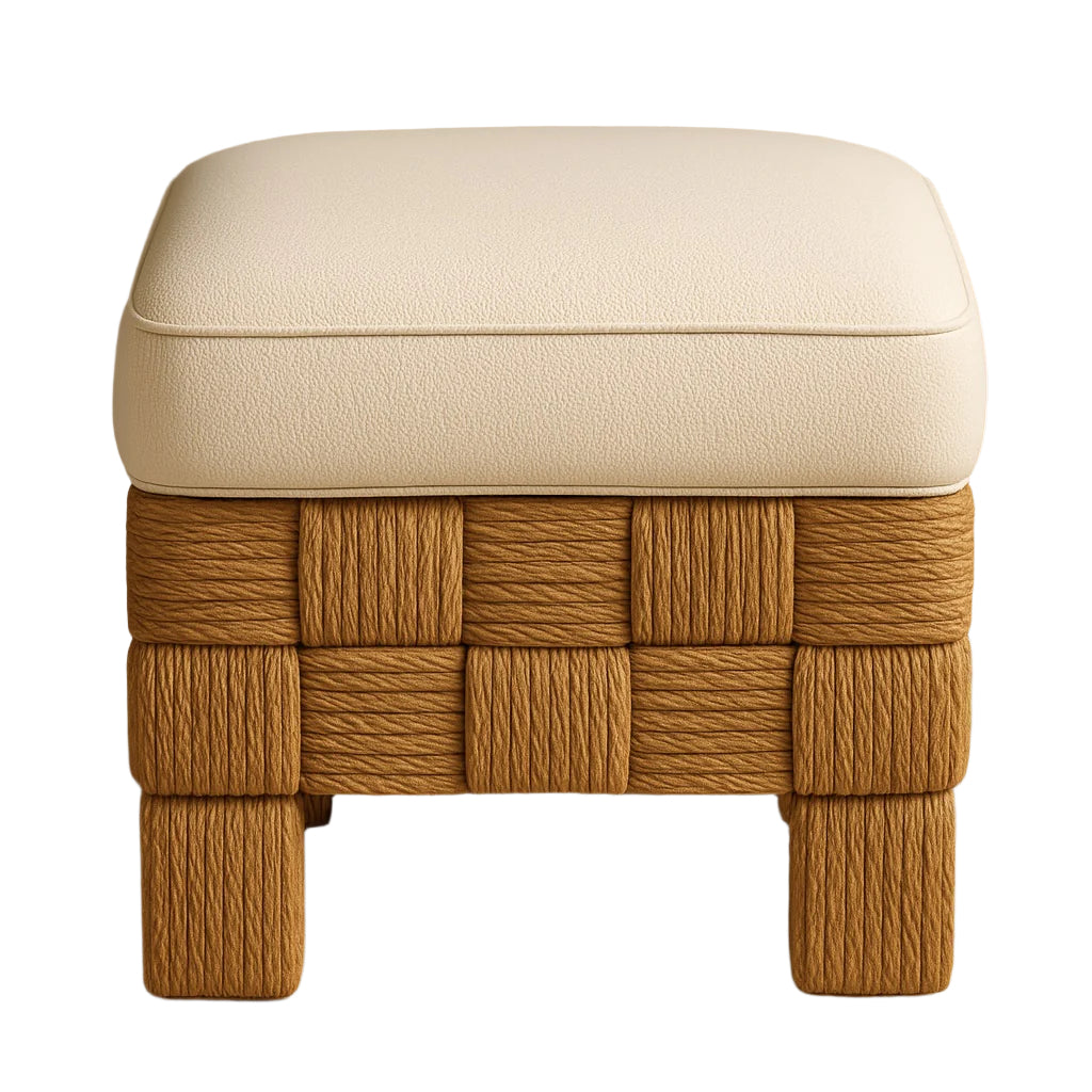 Front view of a small square footstool with a cream boucle cushion resting on a warm natural woven rattan base featuring thick rope-wrapped legs in a checkerboard weave.