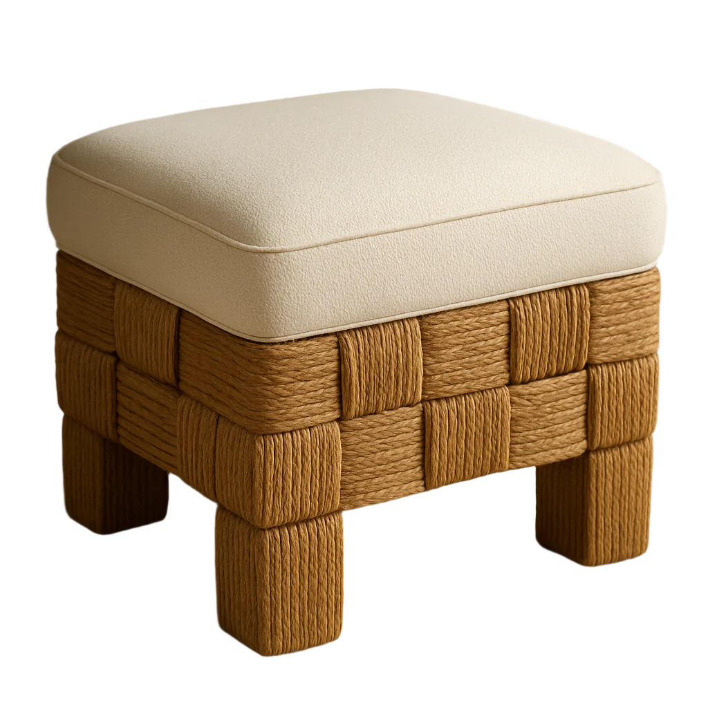 Handwoven natural rattan and sisal rope footstool with a plush cream boucle cushion top and chunky woven block legs in warm brown.