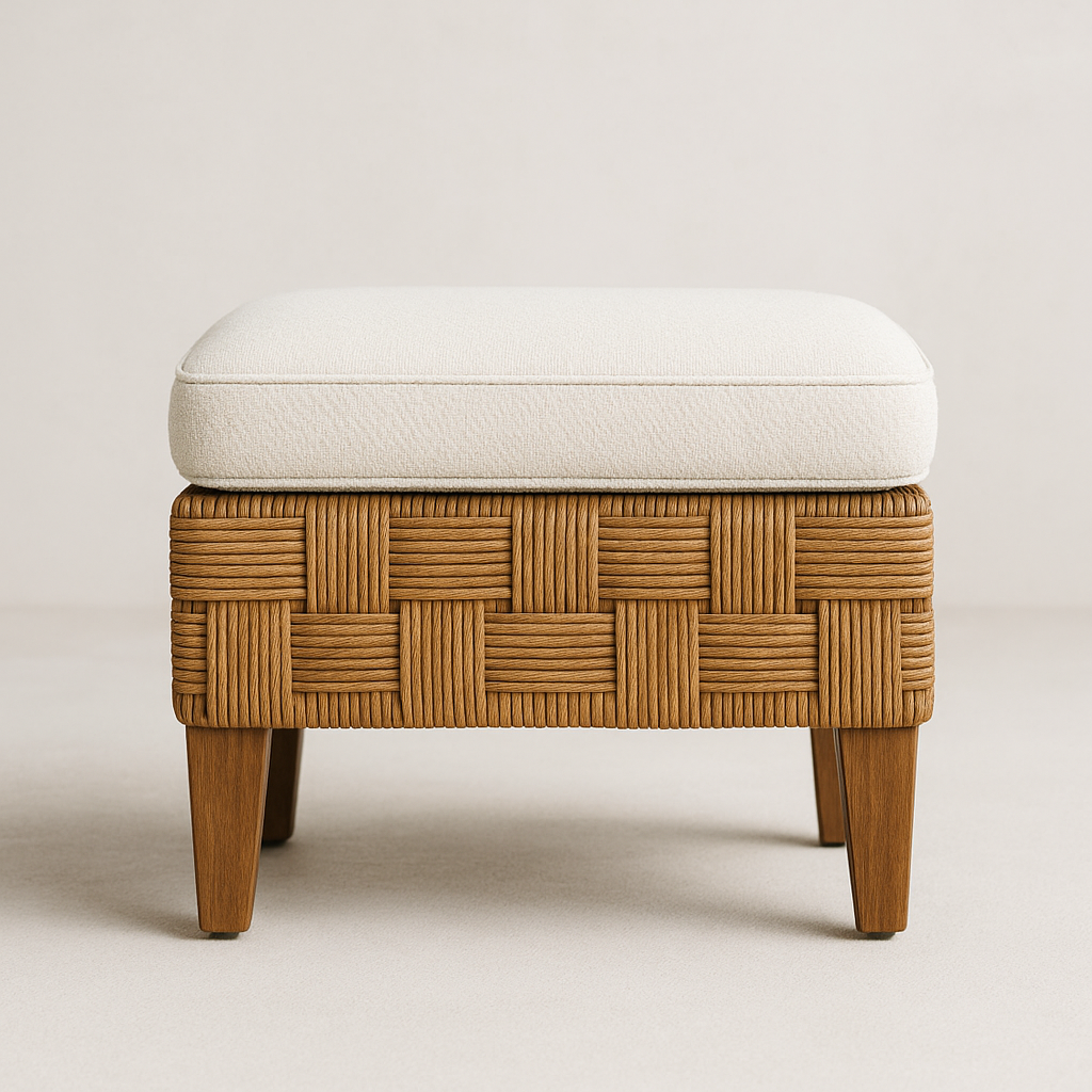 Front view of a teak vanity stool with a basket-weave rattan frame and plush cream boucle cushion supported by tapered solid teak legs.