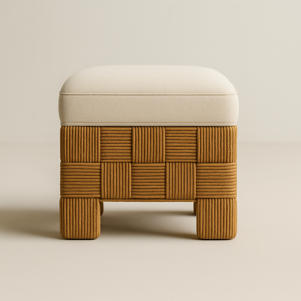Square vanity stool with a cream boucle upholstered cushion resting on a warm tan woven rattan base featuring a checkerboard ribbed weave and short block legs.