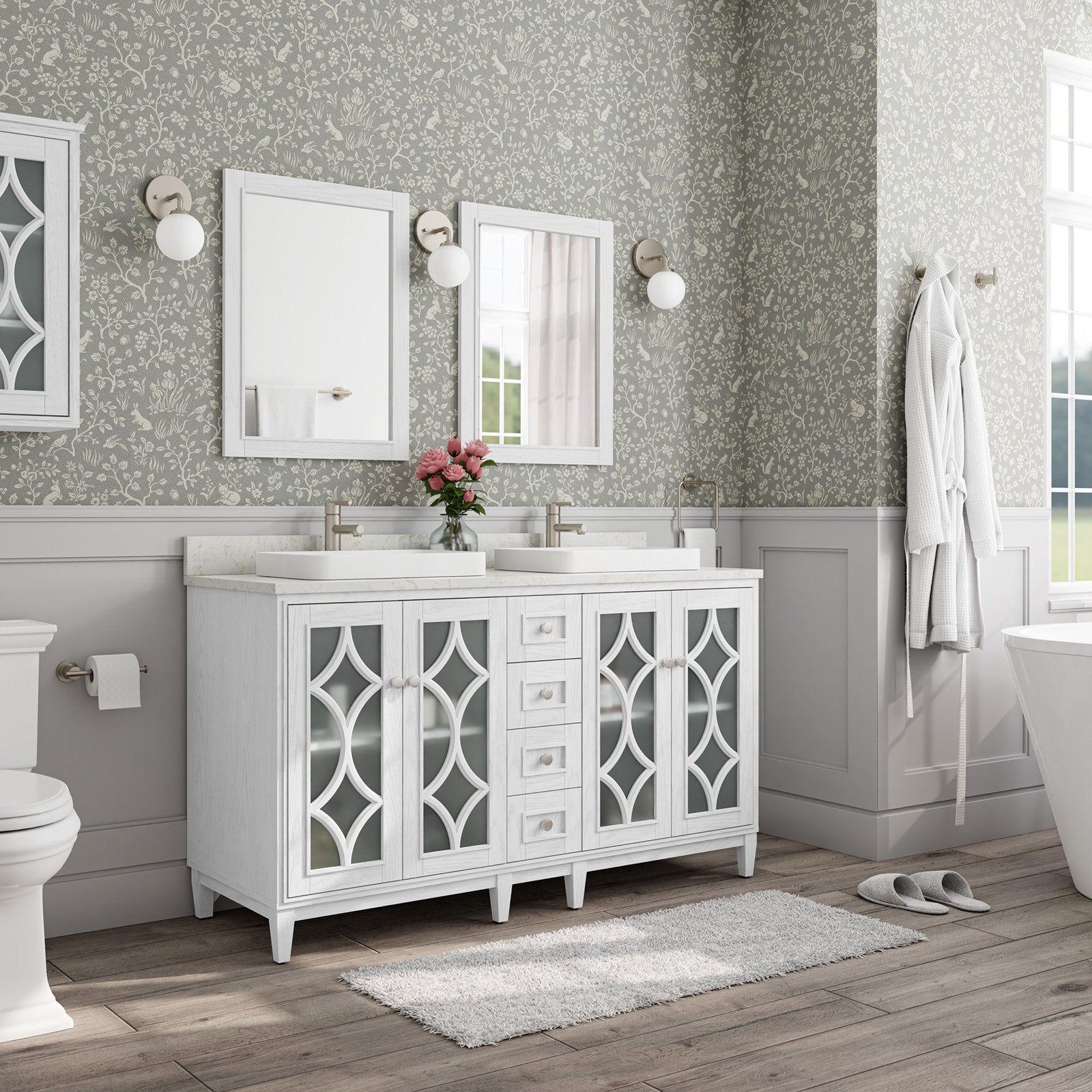White solid wood 60-inch freestanding bathroom vanity with a stone top, two rectangular vessel sinks, brushed nickel faucets, four center drawers and glass-front cabinets with decorative lattice in a modern bath.