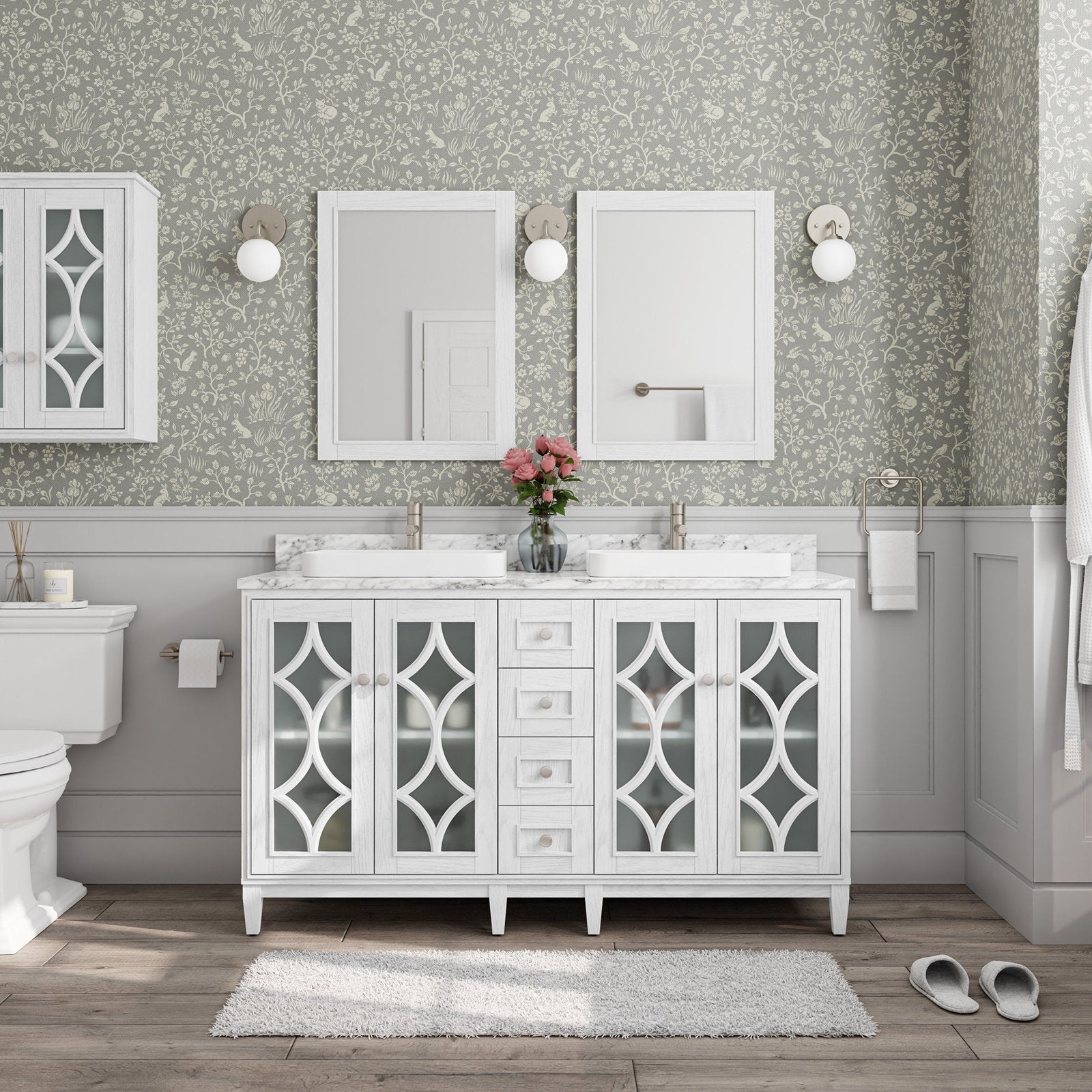 60-inch solid wood double bathroom vanity in white with a stone marble countertop, two rectangular vessel sinks, brushed nickel faucets, frosted-glass lattice cabinet doors, center drawers and matching framed mirrors.