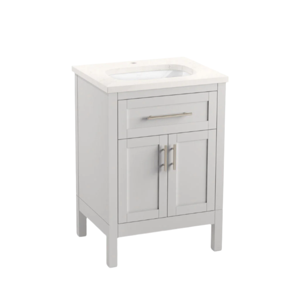 Modern freestanding 25-inch solid wood bathroom vanity in stone gray with a stone countertop and integrated white ceramic oval sink, shaker-style drawer and double doors with brushed metal pulls on raised legs.