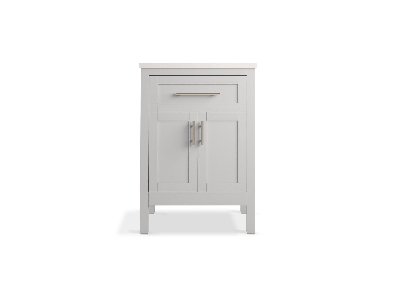 Front view of a modern solid wood single-sink bathroom vanity in stone finish with an off-white stone top, one top drawer, two shaker-style doors, brushed metal bar handles and straight legs.