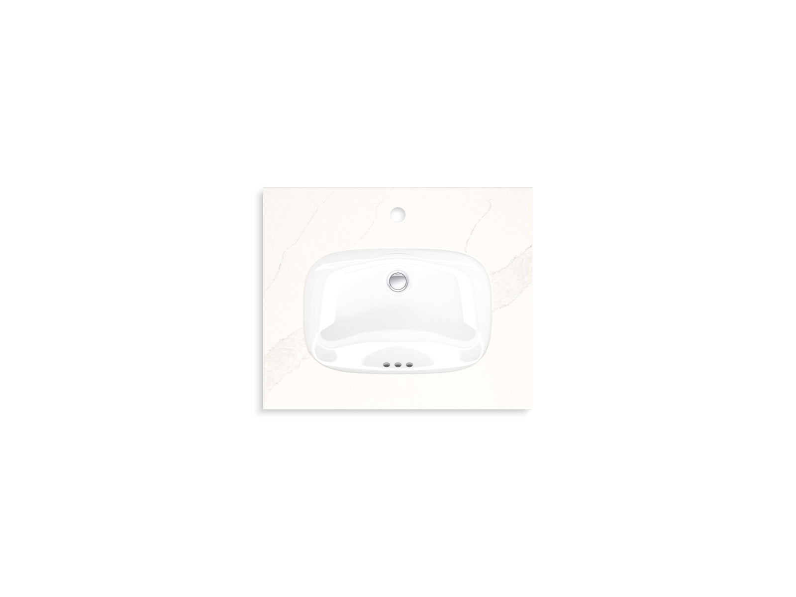 Top-down view of a stone-colored rectangular vanity top with a white ceramic single-basin sink, one center faucet hole at the back and three small circular openings near the basin front on a modern bathroom surface.