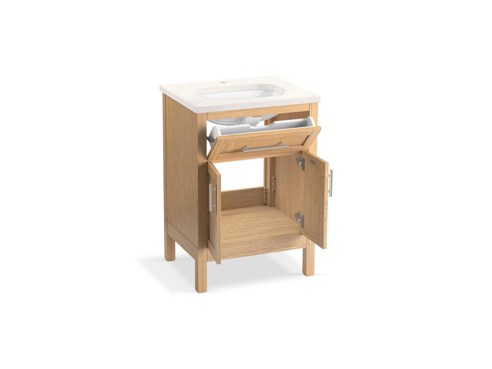 24.75-inch solid wood bathroom vanity in natural wood finish with a stone quartz top and integrated white ceramic sink, freestanding on four legs; top tilt-out drawer and lower double-door cabinet shown open revealing interior and plumbing.