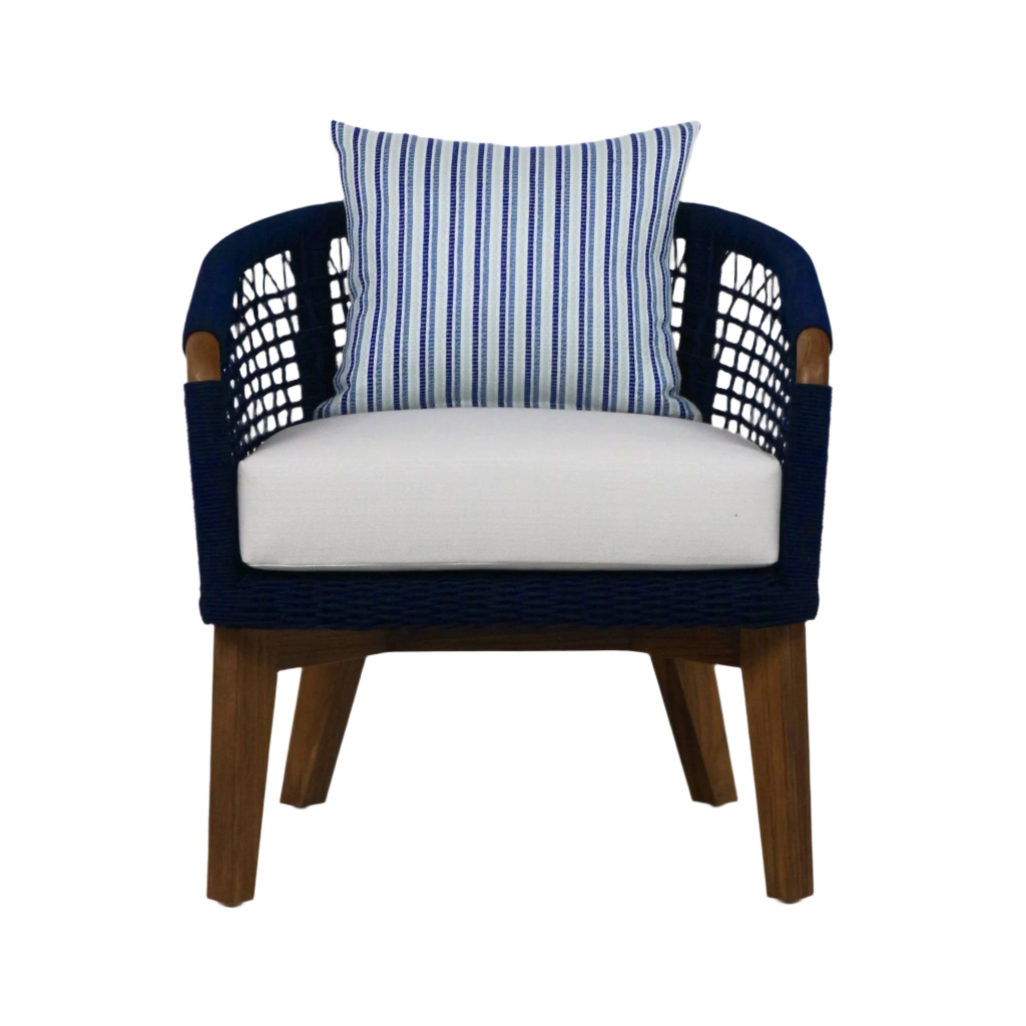 Outdoor modern lounge chair with natural wood legs, navy woven rope frame and arms, a white fabric seat cushion and a blue-and-white striped back pillow.
