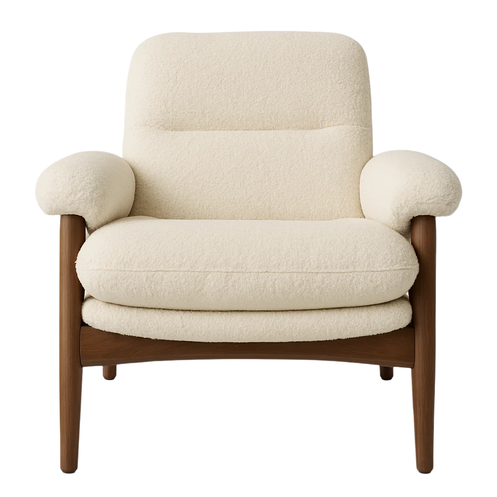 Front-facing modern lounge chair upholstered in beige boucle with plush rounded seat, back and arms, set on an exposed walnut wood frame with tapered legs.