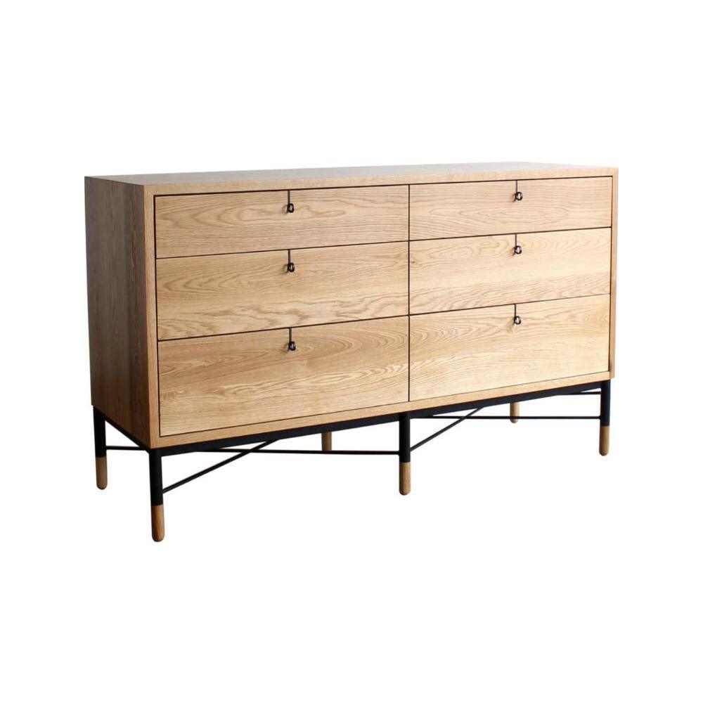 Solid natural wood six-drawer sideboard with a minimalist modern rectangular case, black metal base with wooden-capped legs and X-brace, and small black ring drawer pulls.