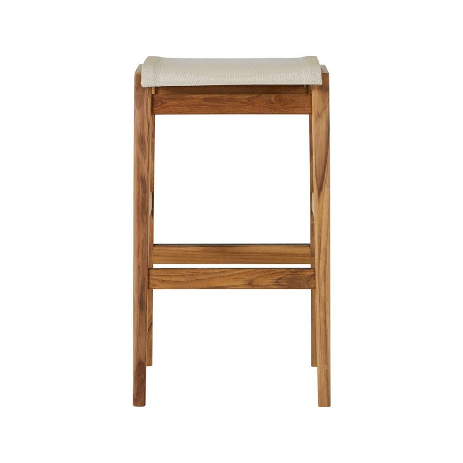 Front view of a backless outdoor bar stool with a natural teak frame and light natural canvas sling seat in a minimalist coastal style.