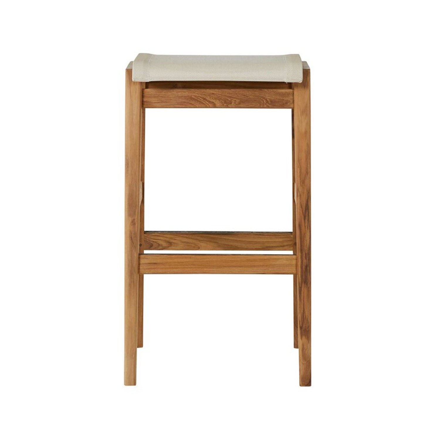 Front view of a backless outdoor bar stool with a natural teak frame and light canvas seat in a coastal-modern minimalist style, straight legs and a horizontal wooden footrest.