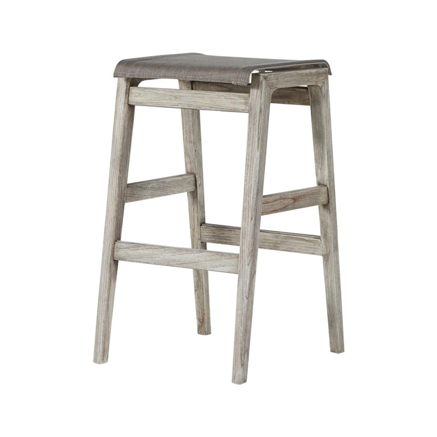 Backless teak bar stool in a weathered natural finish with a canvas sling seat over steel rails, tapered legs and ladder-style stretchers for foot support — armless counter-height stool for outdoor or kitchen island use.