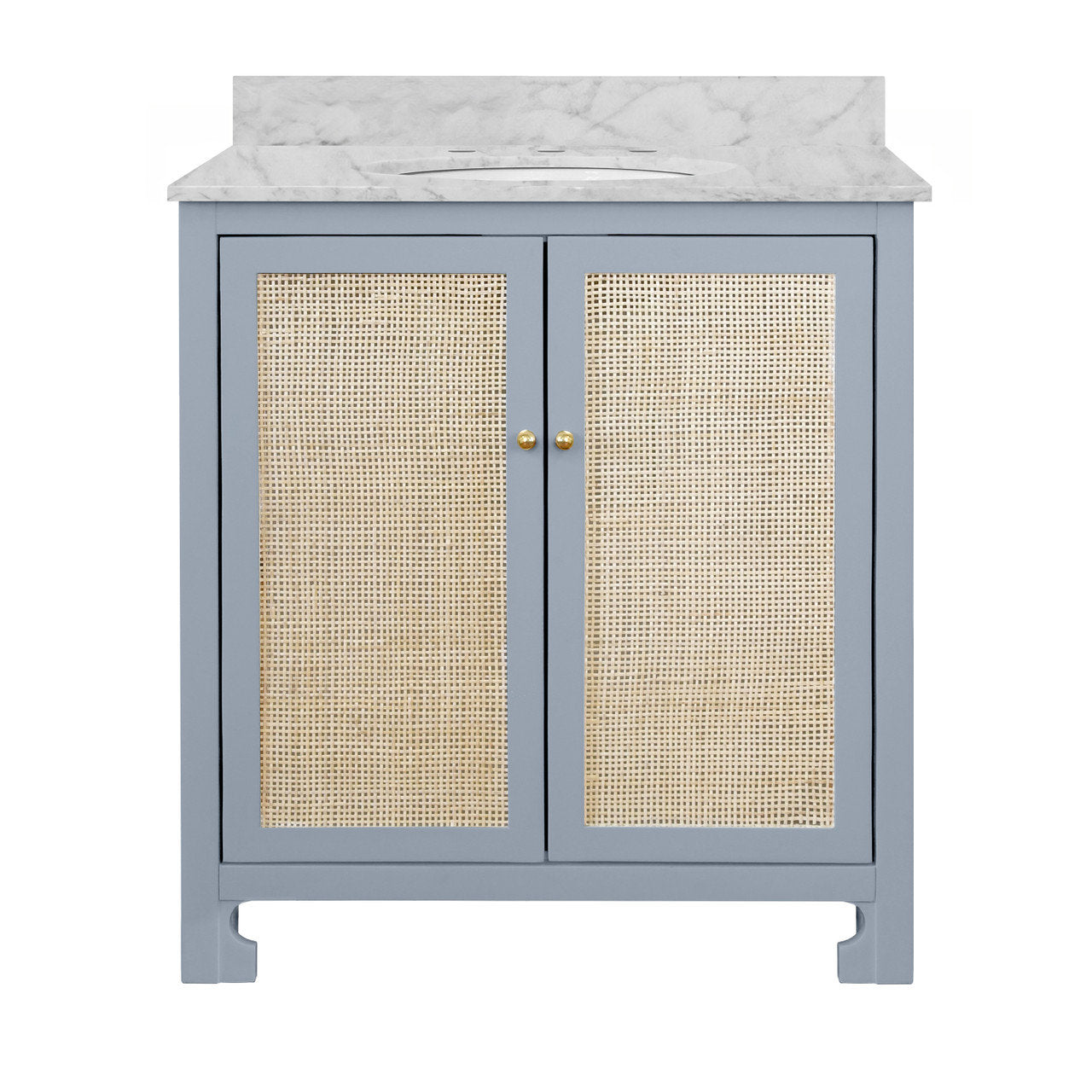 Front view of a freestanding single-sink bathroom vanity with a matte light-blue solid wood frame, woven cane cabinet doors, small brass knobs and a Carrara marble top with oval undermount sink.