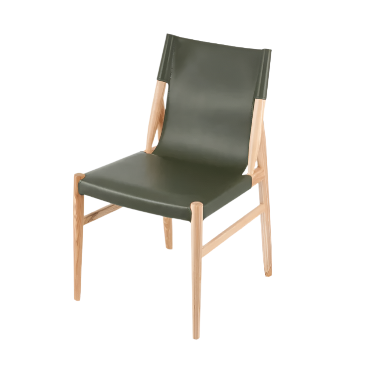 Armless dining chair with olive-green faux leather seat and sling back on a natural ash wood frame, mid-century modern silhouette shown on a white background.