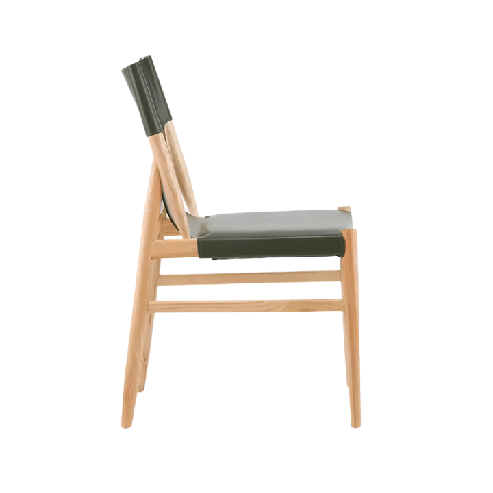 Side profile of an armless dining chair with olive faux leather seat and backrest on a natural ash wood frame, featuring a mid-century modern silhouette and tapered legs.