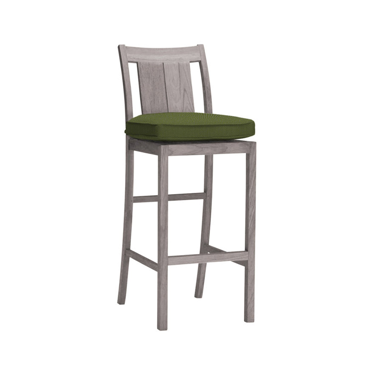 Armless teak wood bar stool with a curved slatted back, four tapered legs and an olive-green cushioned seat, finished in natural teak for a coastal outdoor look.