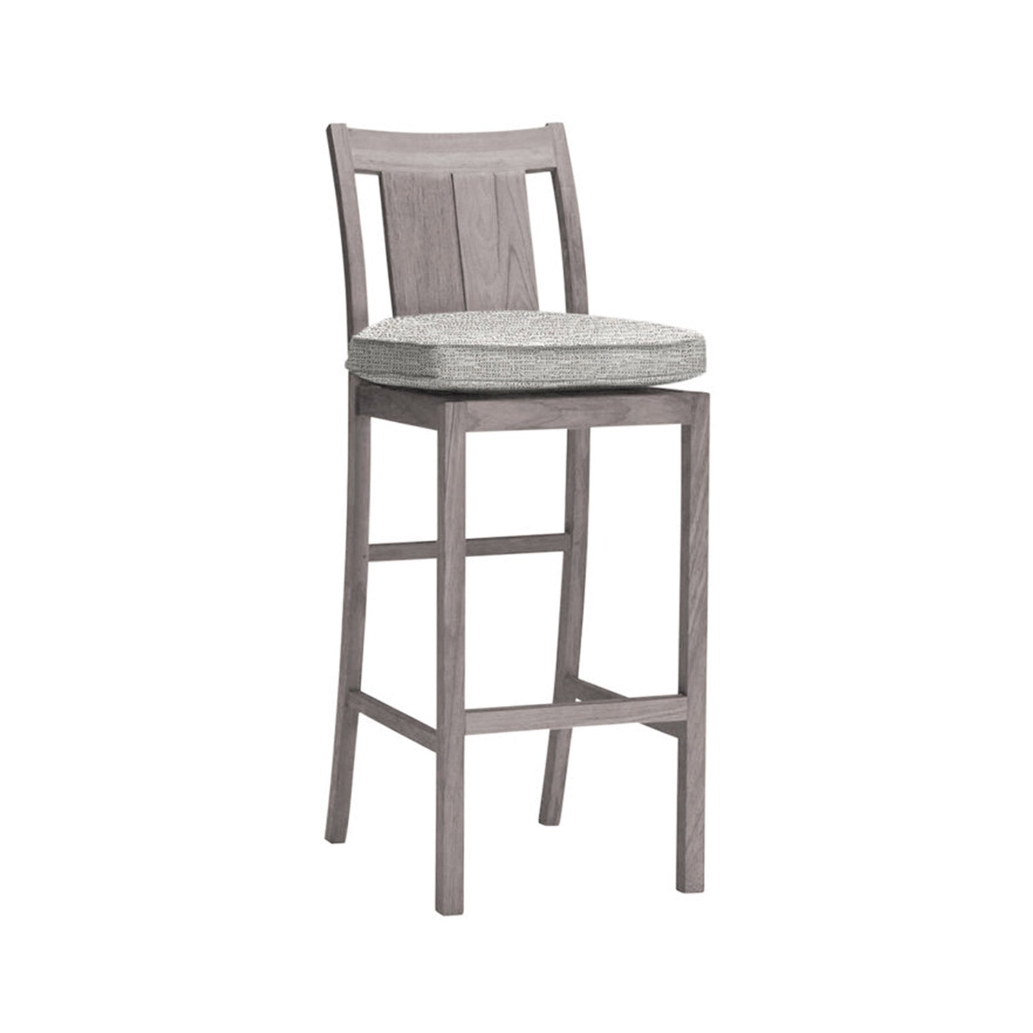 Armless teak bar stool with slatted back and light gray cushioned seat, solid wood natural teak finish and built-in footrest, shown as a tall coastal-style outdoor counter or kitchen island stool.