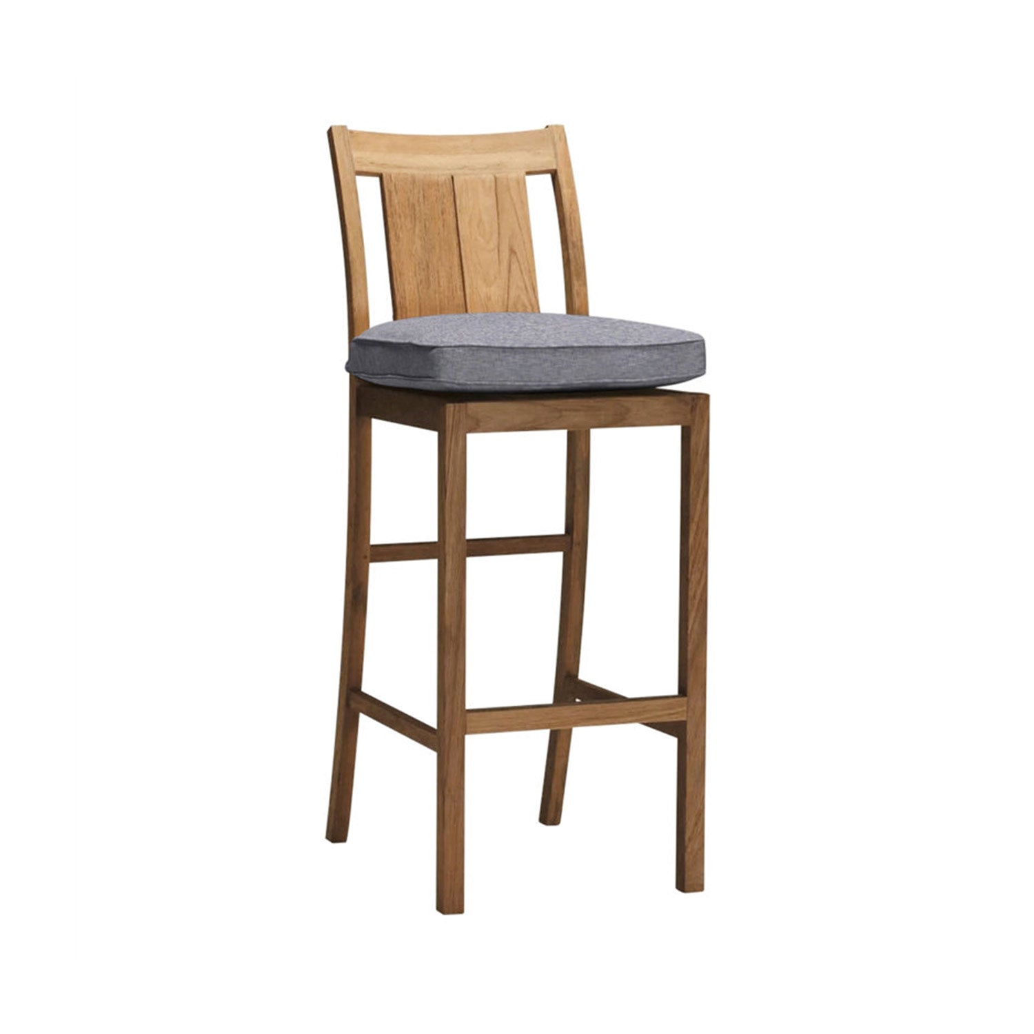 Armless teak outdoor bar stool with a natural wood finish, slatted low back and gray cushioned seat on a tall solid-wood frame with footrest.