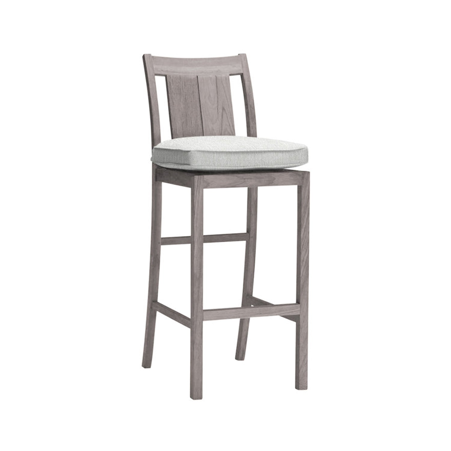 Armless coastal-style outdoor bar stool in natural teak with a light gray cushioned seat, slatted wooden back, square tapered legs and integrated footrest.
