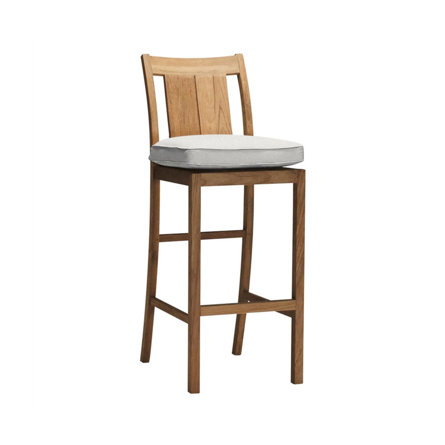 Armless teak outdoor bar stool in a natural finish with a gently curved slatted back, square solid-teak legs and integrated footrest, shown with a removable light-gray seat cushion.