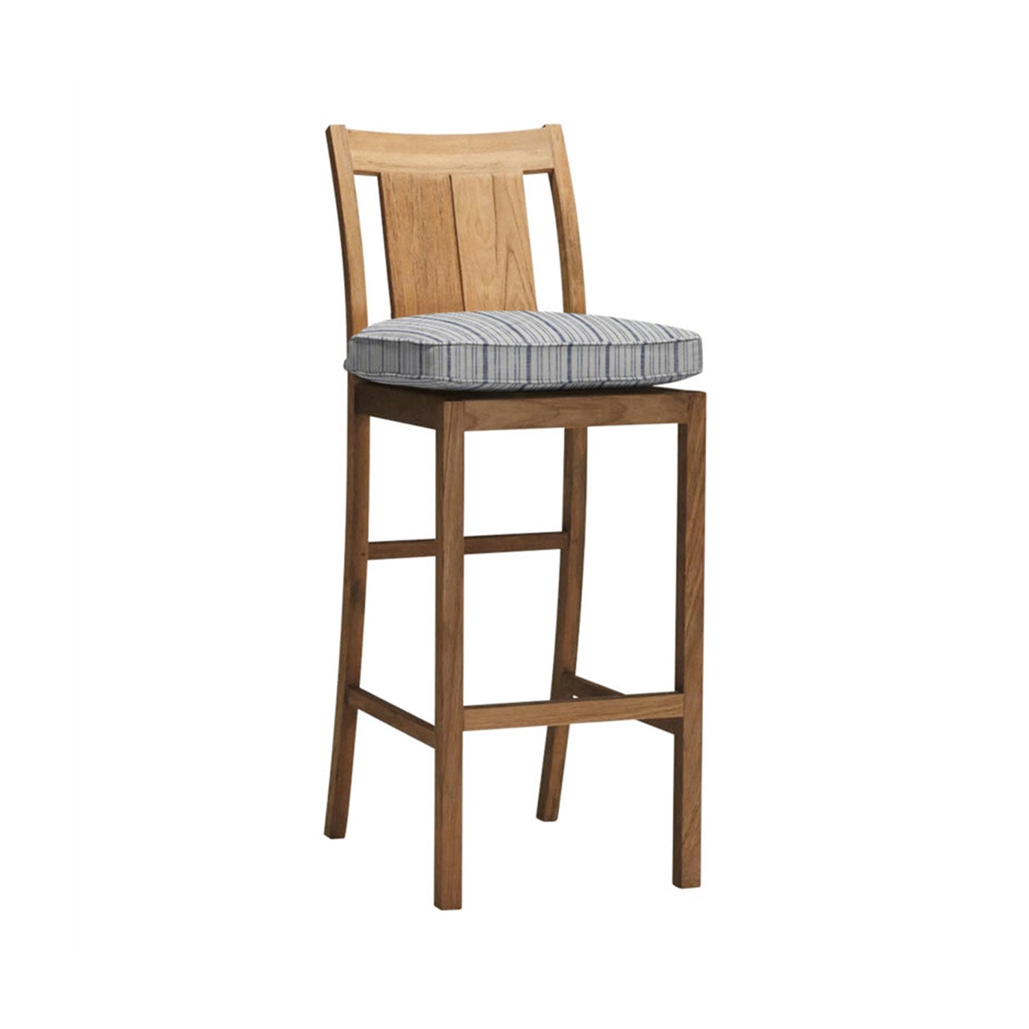 Armless teak outdoor bar stool in a natural finish with a curved slat back, tall square legs and footrest, topped with a blue-and-white striped removable cushion for coastal kitchen or patio seating.