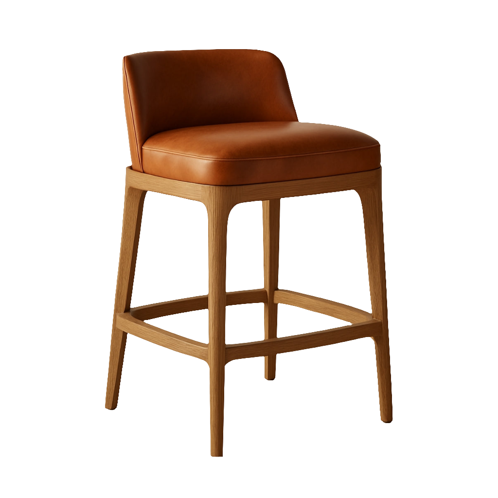 Contemporary counter-height bar stool with cognac leather low-back seat and cushioned padding on a natural oak frame with tapered legs and integrated square footrest.