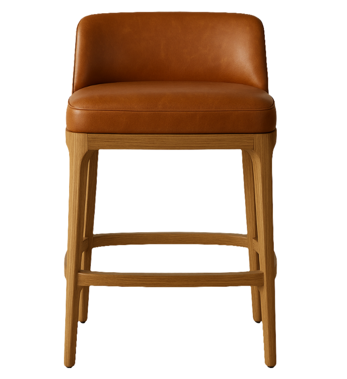 Front view of an armless counter-height bar stool with a cushioned cognac leather seat and low back on a natural oak wood frame with integrated footrest.