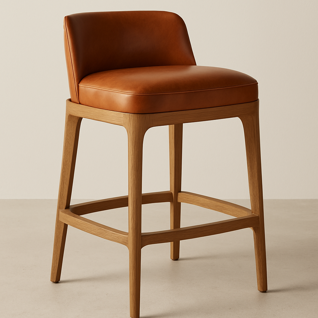 Contemporary counter-height bar stool with a cushioned cognac leather seat and low back set on a natural oak frame with tapered legs and integrated footrest.