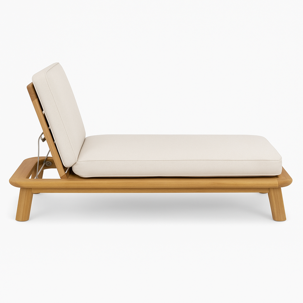 Low-profile outdoor sun lounger with a solid teak wood frame and cream fabric cushions, shown with the adjustable backrest raised in a minimalist coastal-modern silhouette.