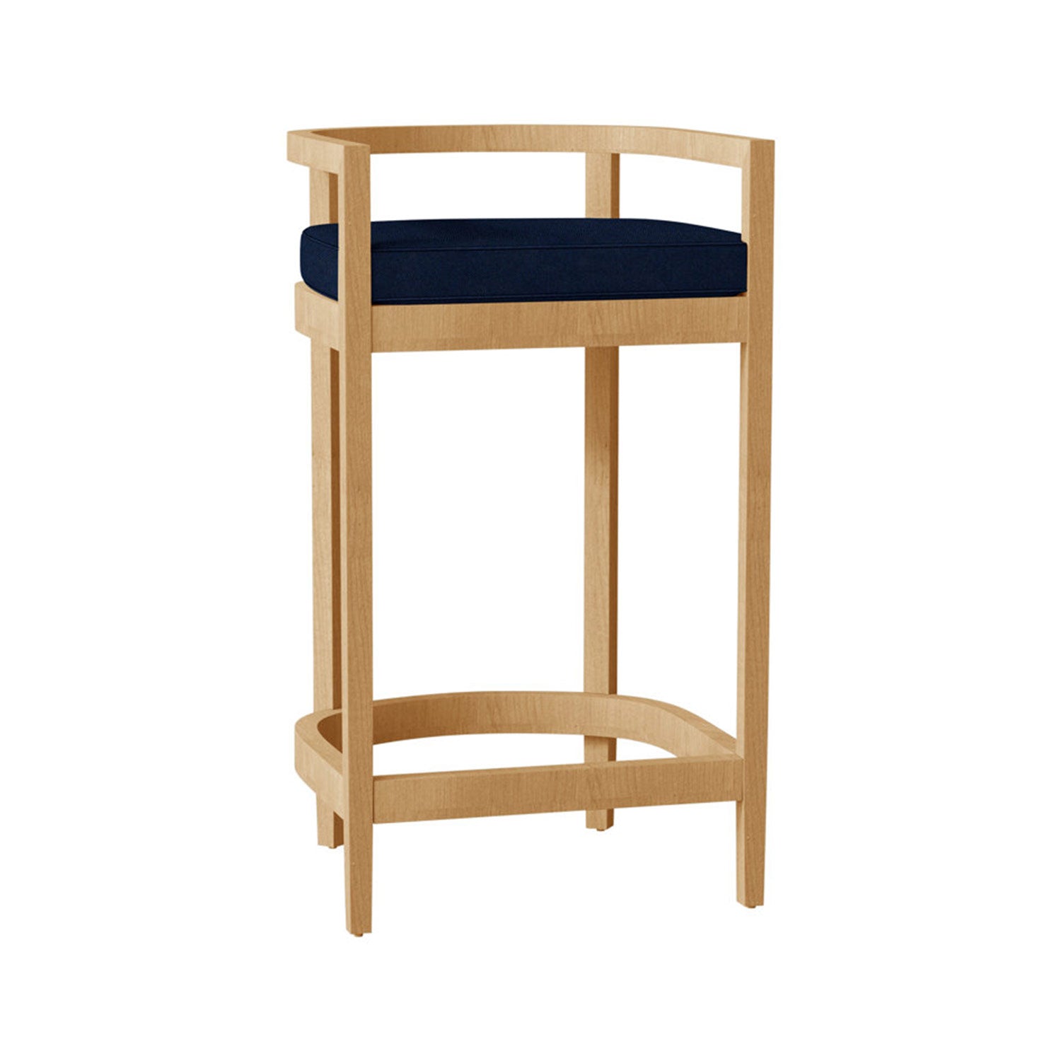 Natural teak outdoor bar stool with a navy upholstered seat cushion, open square back and arm supports, tall straight legs and a curved lower footrest in a coastal, minimalist wooden design.