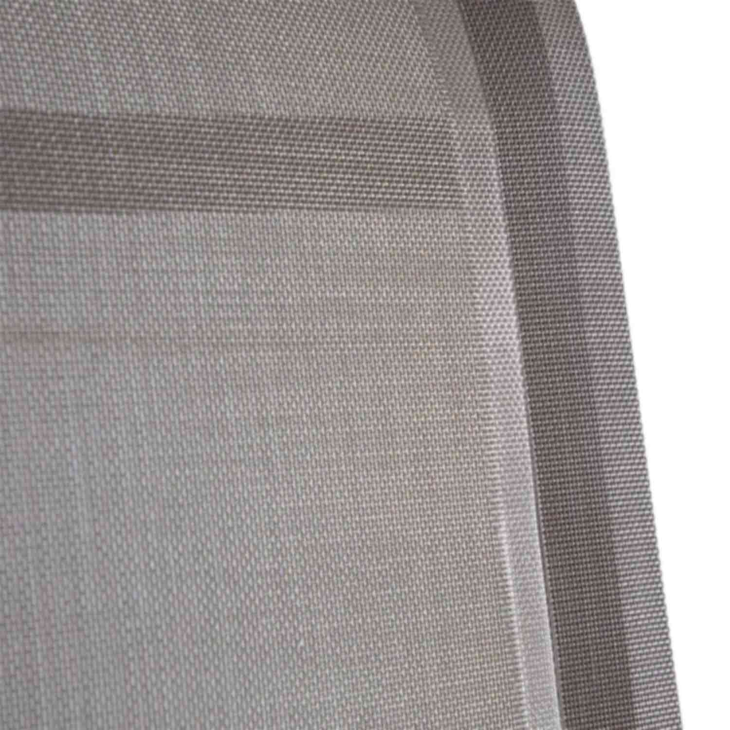 Close-up of a taupe woven outdoor sling seat fabric with tight basket-weave texture and visible stitched seams, shown as part of a teak outdoor bar stool seat panel.
