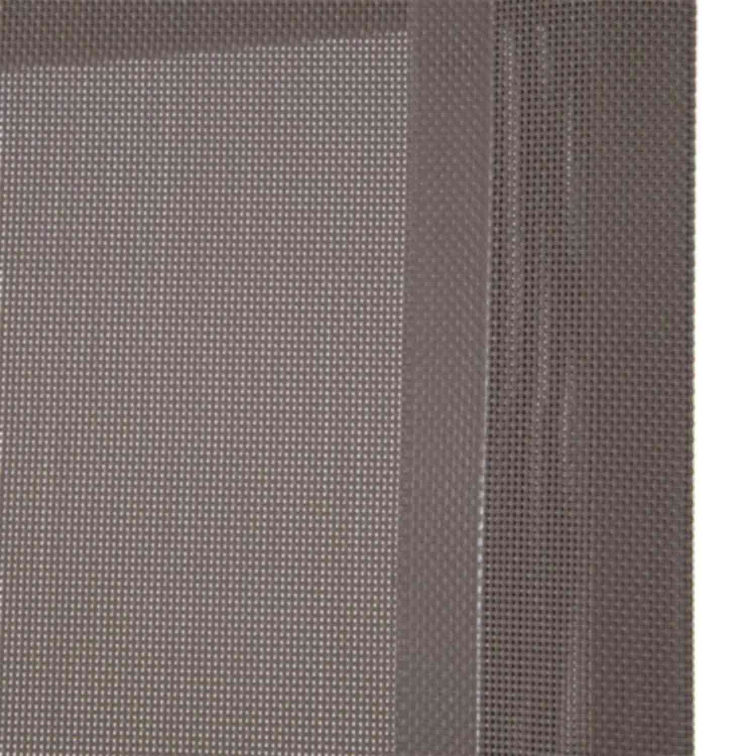 Close-up of teak-colored woven outdoor sling fabric showing tiny square mesh and a stitched vertical border, photographed as the seat/back fabric for a coastal teak outdoor bar stool.