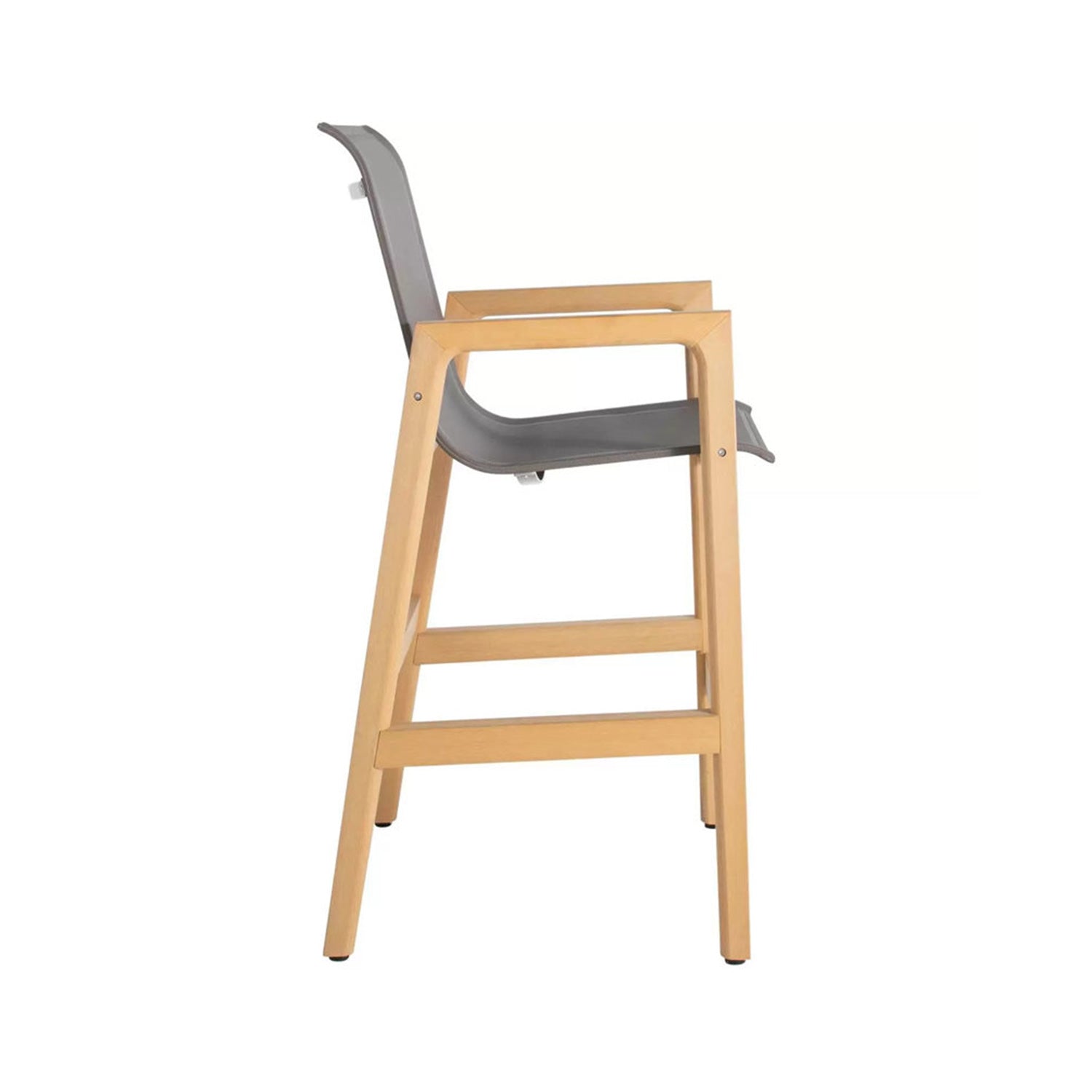 Side view of a coastal teak bar stool featuring a natural wood frame with integrated armrests and a curved gray molded seat and back, styled for outdoor kitchen or island seating.