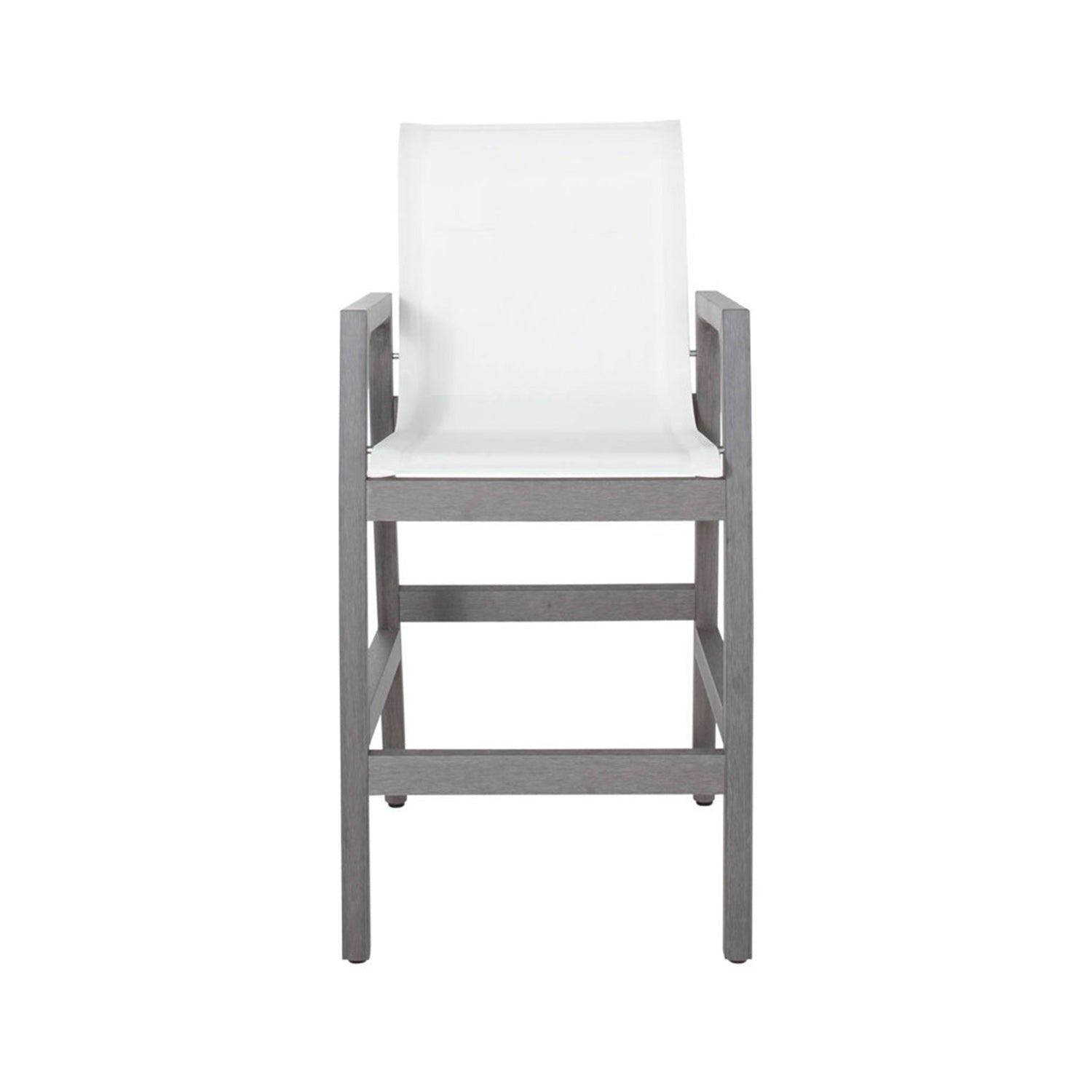 Front-facing teak outdoor bar stool with teak-finish wooden frame, white sling seat and back, squared armrests and an integrated footrest for coastal outdoor seating.