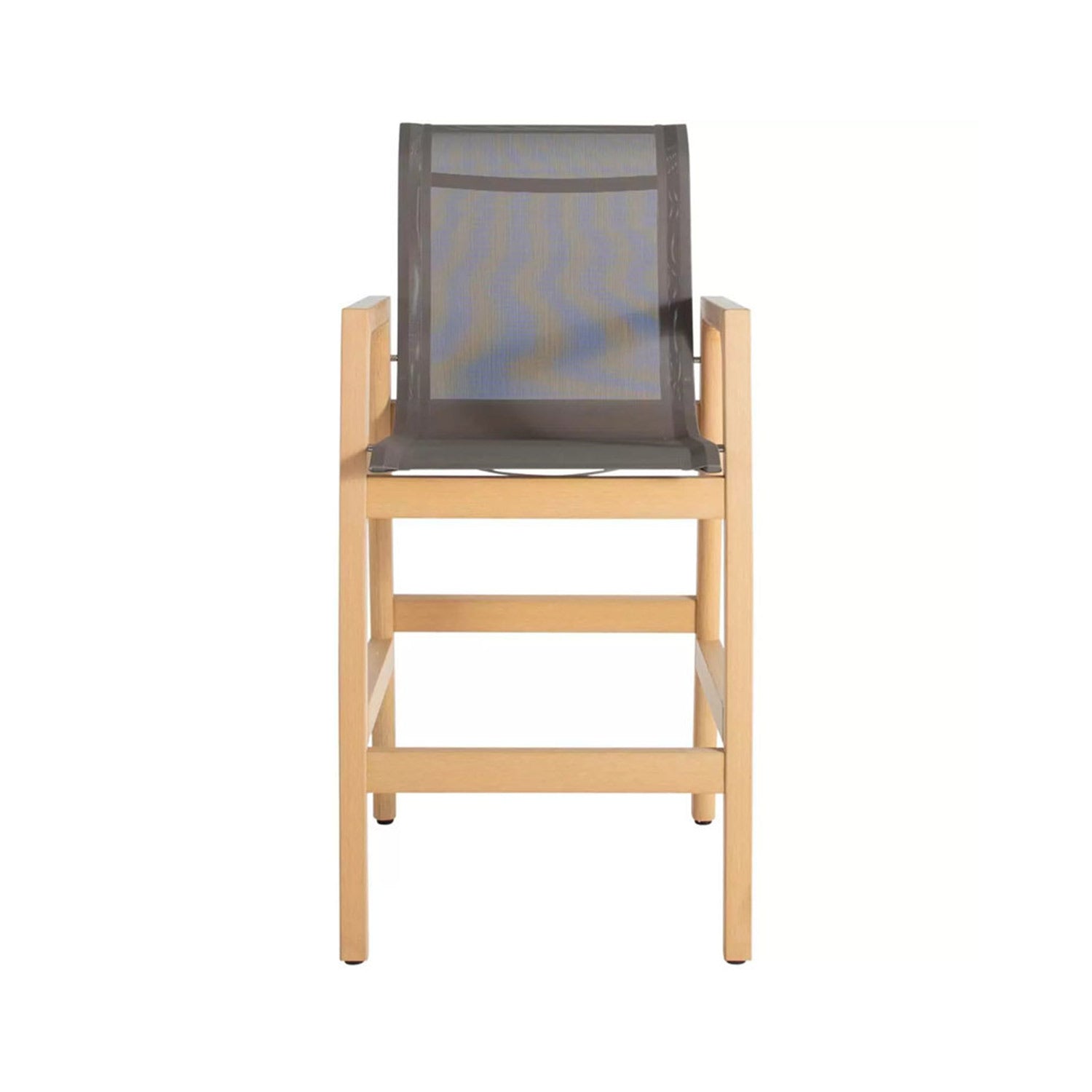 Front view of a teak outdoor bar stool with a natural finish wooden frame, gray mesh sling seat and back, squared armrests and integrated footrest, coastal-style counter-height seating.