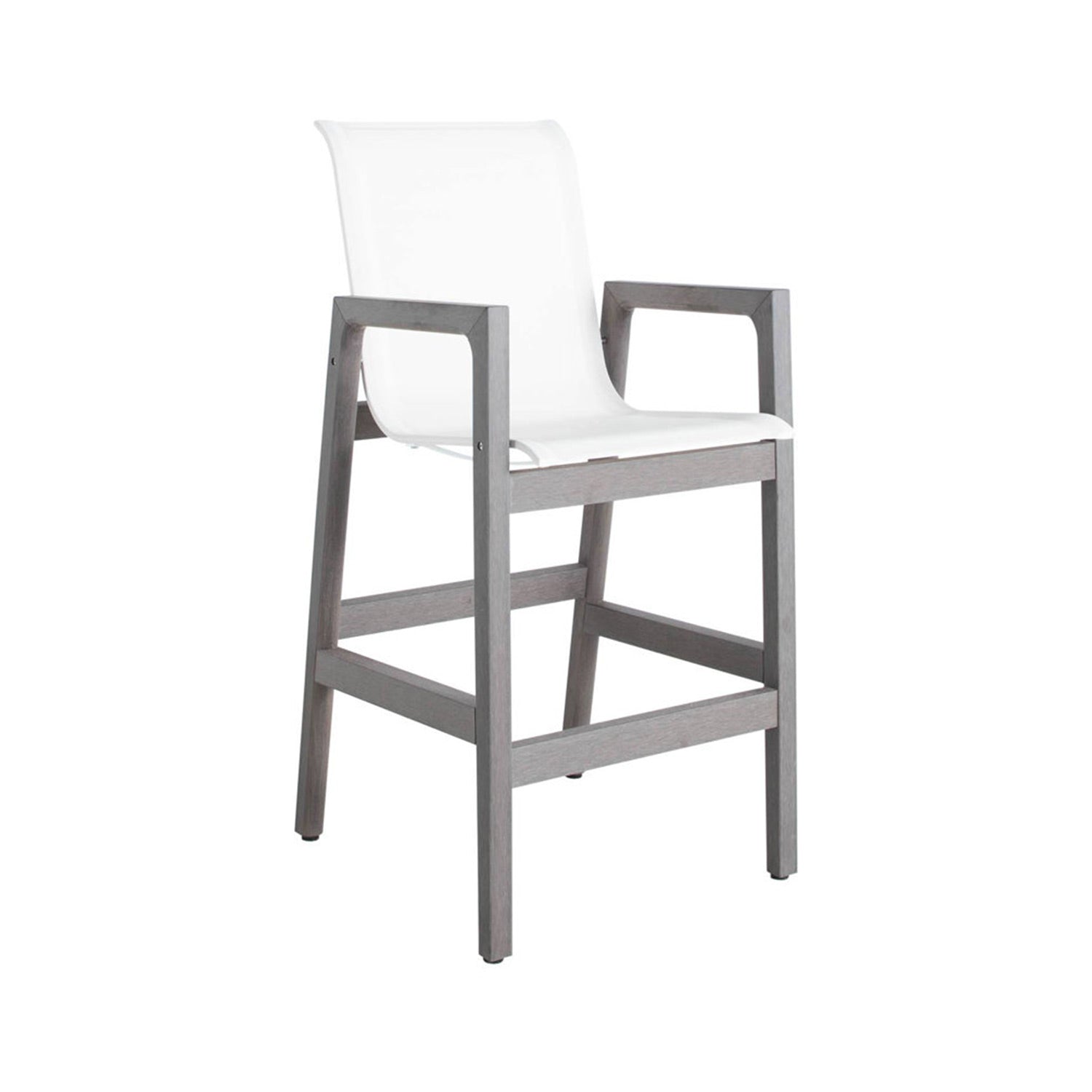 Coastal teak outdoor bar stool with a weathered grey teak frame, white sling seat and integrated armrests, counter-height design with square legs and built-in footrest.
