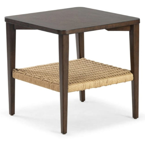 Modern medium-brown wooden nightstand with a square top and tapered legs, featuring a natural tan papercord woven lower shelf for open storage.