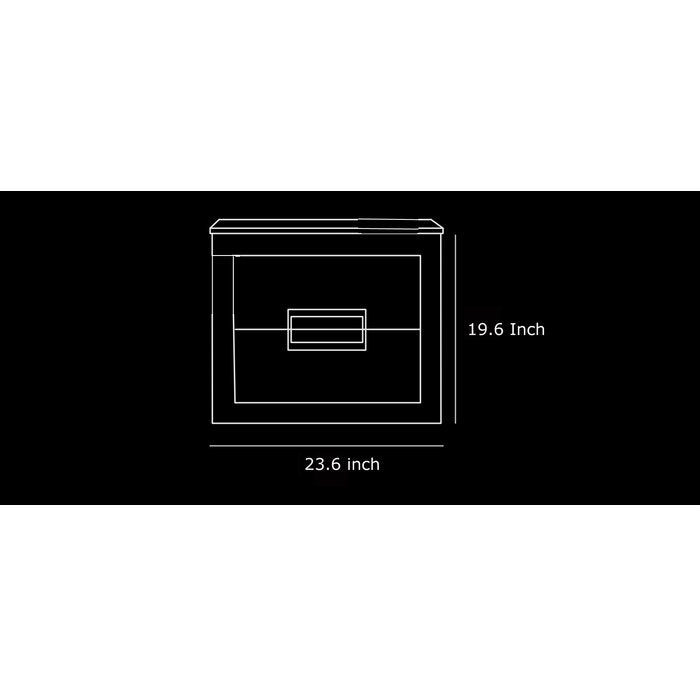 White line front-elevation drawing of a modern solid wood bathroom vanity with a stone top on a black background, labeled 23.6 inch width and 19.6 inch height to indicate overall dimensions.