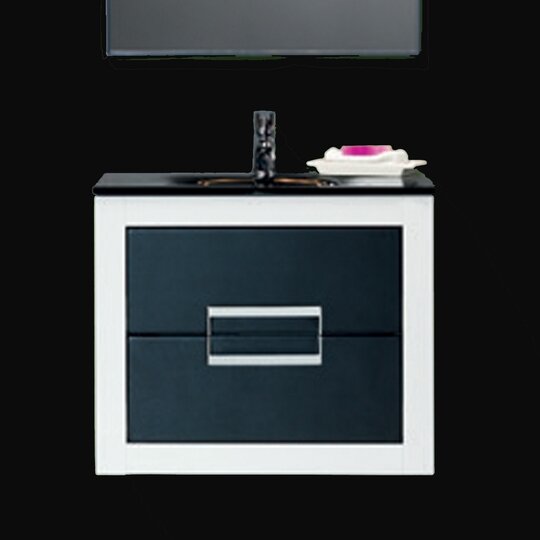 Contemporary solid wood single-sink bathroom vanity in stone finish with white frame, dark gray double-drawer front and chrome rectangular handle; black stone countertop with integrated sink and black faucet on a black background.